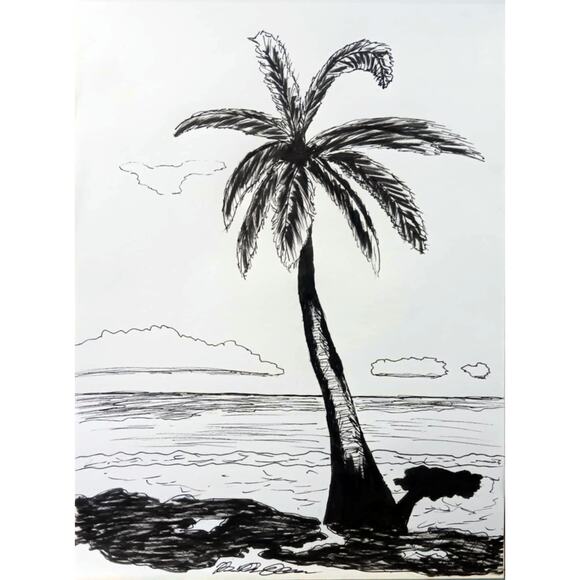 Palm Tree Ocean Florida Landscape Scene 9x12 Inch OOAK Original Ink Drawing - Picture 2 of 4